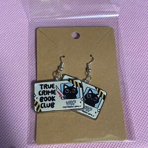 NWT True Crime Book Club Cat VIP Dangle Earrings - White & Black